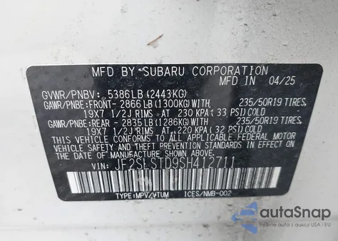 2025 Subaru Forester Touring z USA, uszkodzony, nr VIN JF2SLSTD9SH412711